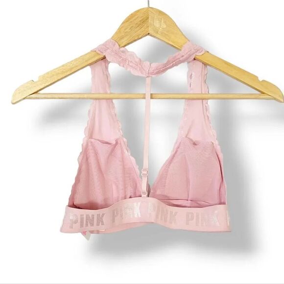 NEW Victoria's Secret Pink Lace T-Strap Logo Bralette in Pink Size Small - Picture 6 of 15